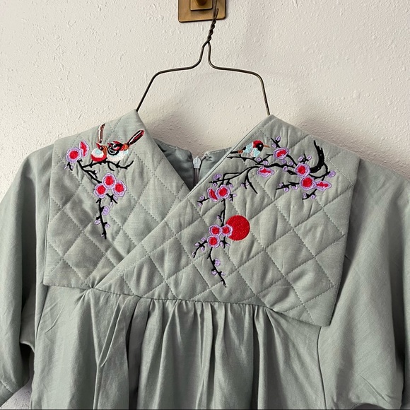 RaspberryPlum Green Cherry Blossom Bird Embroidered Quilted Dress Size 3-4 Years - Picture 9 of 12